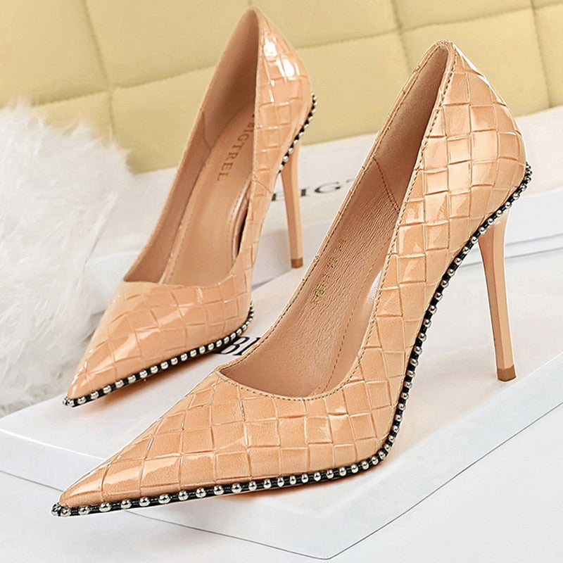 BIGTREE Shoes Quality High Heels Women Pumps Rivet Metal Chain Women Heels Stiletto 2022 Luxury Banquet Shoes Pumps Female Shoes