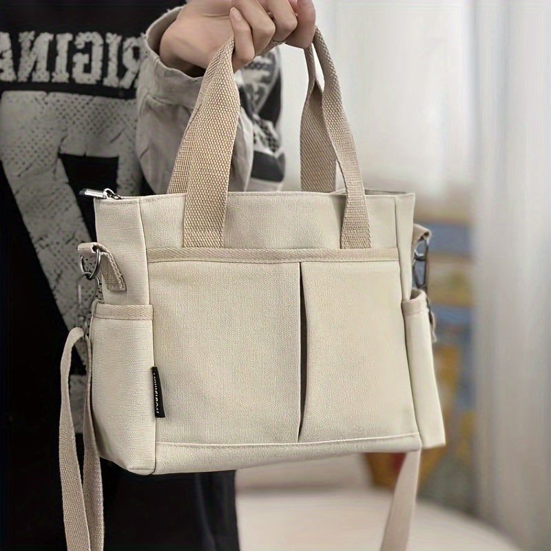 Stylish Small Canvas Tote Bag with Zipper Closure, Leather Accents - Perfect for Commuting and Casual Outings