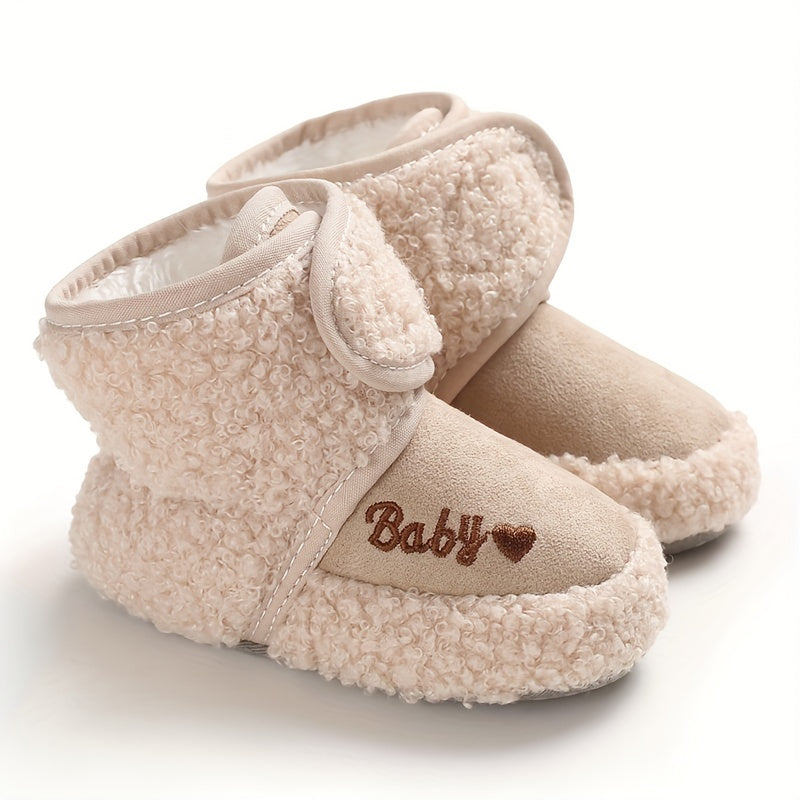 Ankle-High Crib Shoes for Baby Girls - Soft, Warm, Fleece-Lined, Hook-and-Loop Fastener, Round Toe, Platform Heel, Fabric Upper, Indoor Walking Boots for Fall and Winter Season