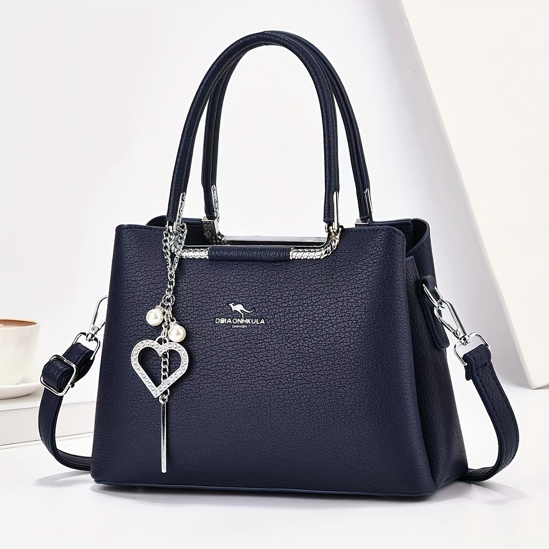 Elegant Ladies Handbag With Exquisite Charm, Premium Hardware, Multi-Layered Large Capacity, Fashionable Tote & Crossbody Bag, Litchi Pattern PU Leather, For Daily & Office Use