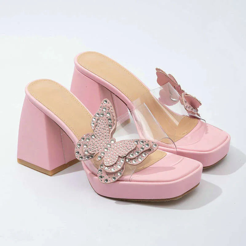 European Fashion Transparent High Heel Sandals Women's Butterfly Rhinester Soles Thick Heels Slippers Kq8