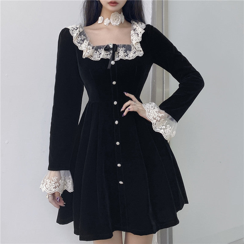 nvxiot-Women Summer Sexy y2k Fairy Dress Casual Loose Dress Elegant Square Neck High Waist Long Sleeve Velvet Dress