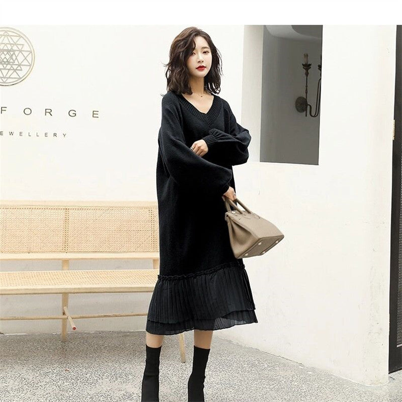 nvxiot  fall outfits korean Autumn Winter 2024 Korean Fashion Knitted Dress Long Sleeve Women Elegant Vintage Casual Knitwear Sweater Dresses Ladies H2723