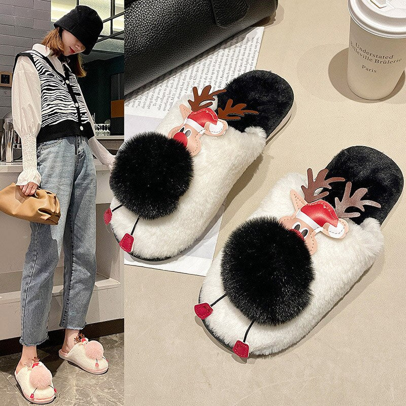 Christmas Women Slippers Female Short Plush Indoor Cotton Shoes Ladies Warm Non-Slip Animal Prints Cartoon Women's Footwear