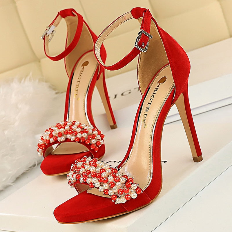 BIGTREE Shoes Pearl Rhinestones Super High Heels Suede Women Heels Sexy Party Shoes Summer Women Sandals Stiletto Women Pumps