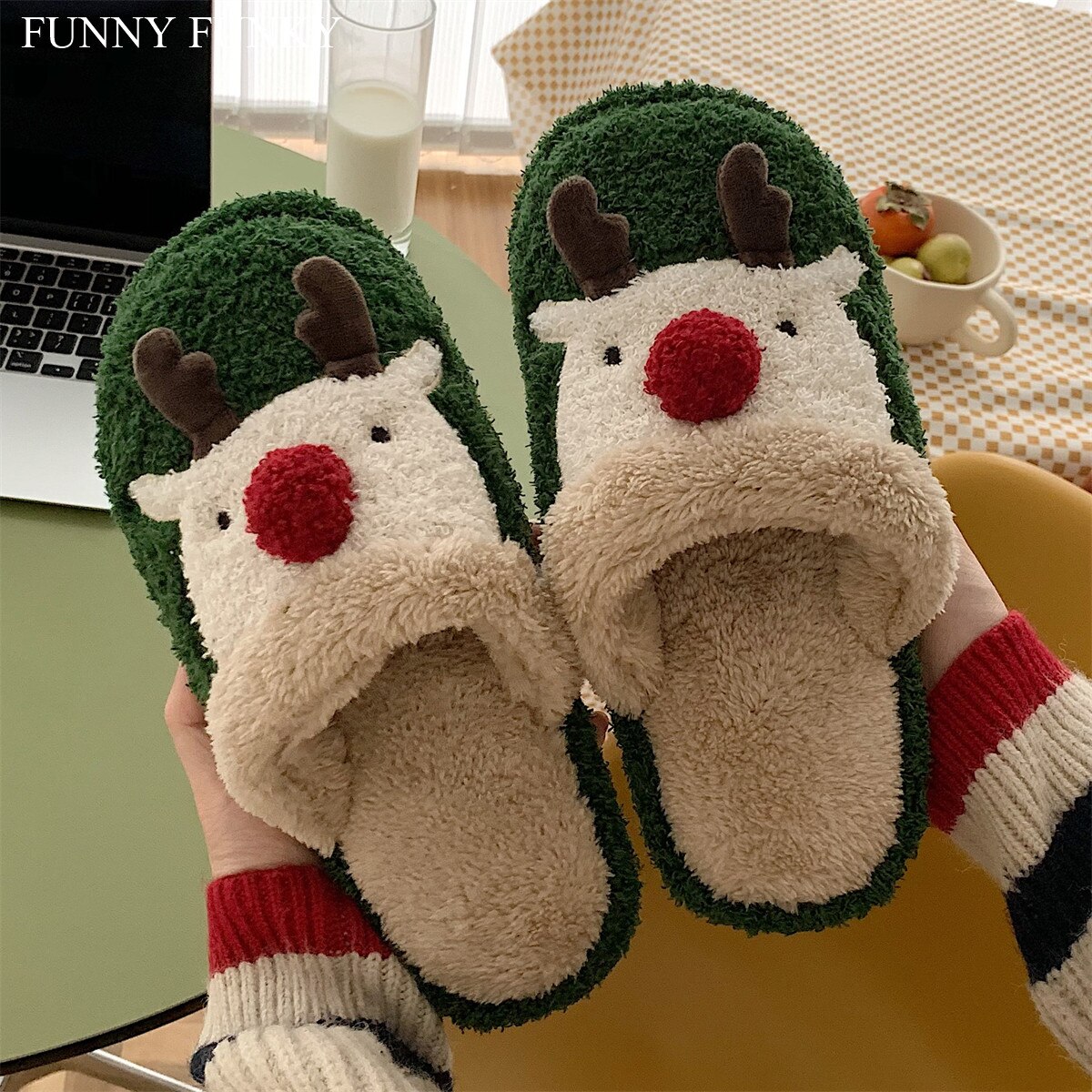 FUNNY FUNKY 2021 Winter Women's Shoe Cartoon Animal Deer Faux Fur Fleece Sock Christmas Slippers for Home Non-slip Woman Shoes