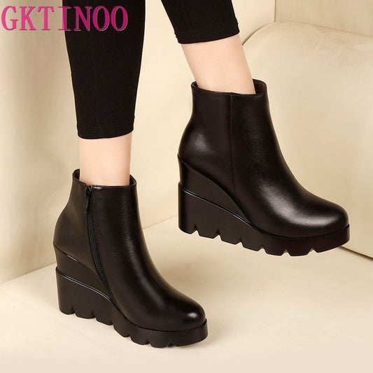 2021 autumn winter soft leather platform high heels girl wedges ankle boots shoes for woman fashion boots women Size 34-40