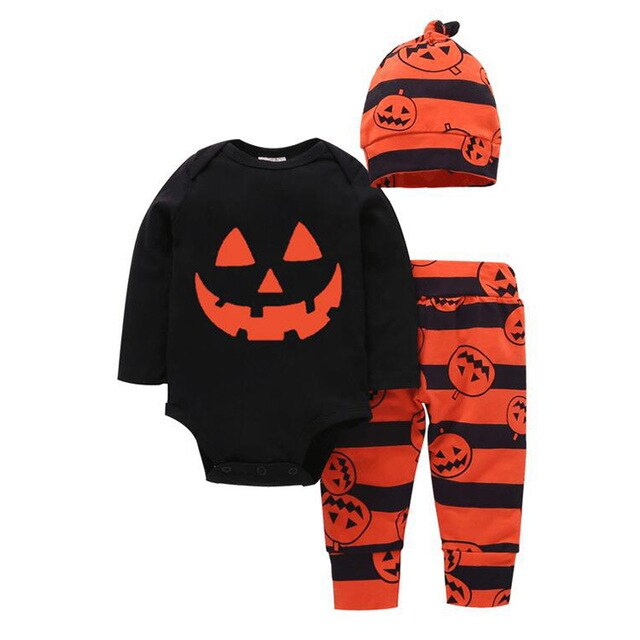 nvxiot New Halloween Baby Boy’s Clothes Sets Stripe Skull Pattern Long Sleeve Jumpsuit Long Pants Hat Toddler Baby 3Pcs Outfits 0-24M