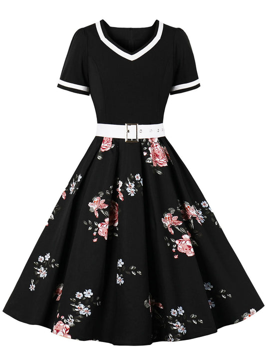 nvxiot 1950s Floral Patchwork Swing Dress