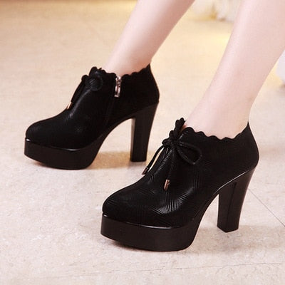 GKTINOO Plus Size 33-43 Block Heel Deep Mouth Platform Pumps Women Shoes 2021 Black High Heels Shoes Ladies Leather Shoe Office