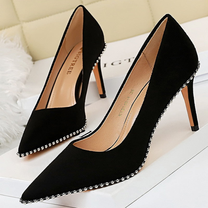 BIGTREE Shoes Rivet Woman Pumps 2021 New High Heels Stiletto Pu Leather Women Heels Sexy Party Shoes Female Heel Plus Size 43