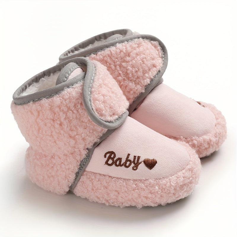 Ankle-High Crib Shoes for Baby Girls - Soft, Warm, Fleece-Lined, Hook-and-Loop Fastener, Round Toe, Platform Heel, Fabric Upper, Indoor Walking Boots for Fall and Winter Season