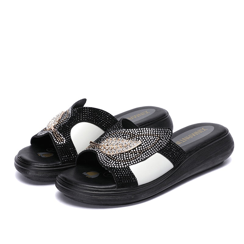 GKTINOO Women Slippers Shoes Genuine Leather Rhinestone Outside Slides Ladies Fashion Wedges Summer Beach thick sole Flip Flop