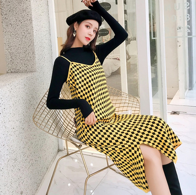 nvxiot 2PCS/Set Black Knitted Maternity Bottoming Shirts Sling Plaid Dress Autumn Korean Fashion For Pregnant Women Pregnancy Clothes