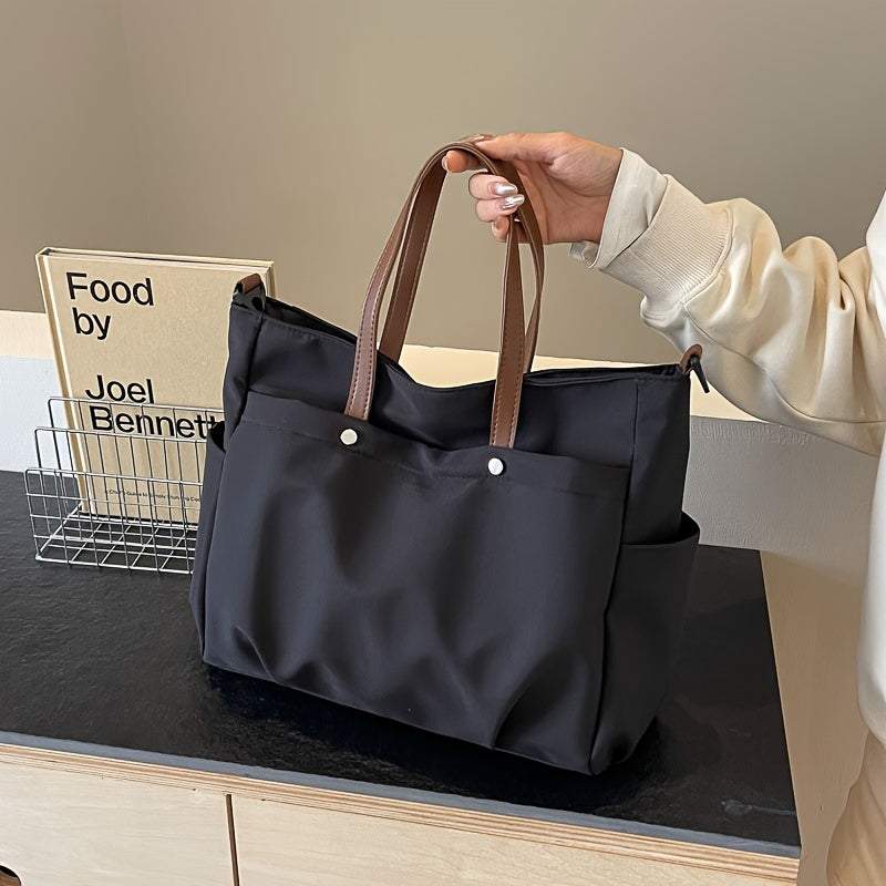 Chic Black Nylon Tote Bag - Spacious & Durable, Perfect for Everyday Use with Zip Closure