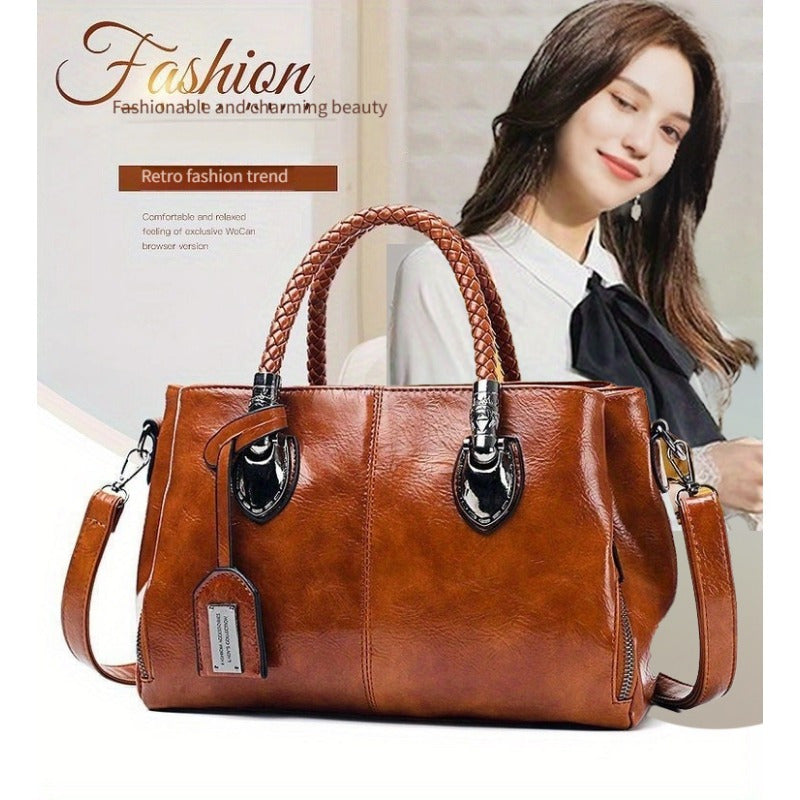 Trendy Women's Retro Tote Bag - Faux Leather Handbag with Zipper Closure, Adjustable Shoulder & Messenger Strap - Versatile Fashion Accessory