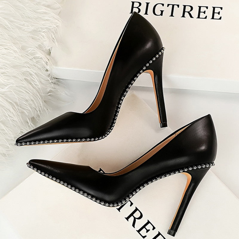 BIGTREE Shoes Rivet Woman Pumps 2021 New High Heels Stiletto Pu Leather Women Heels Sexy Party Shoes Female Heel Plus Size 43