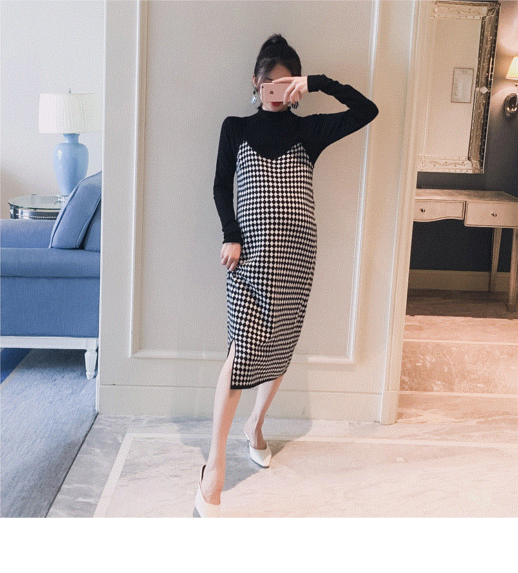 nvxiot 2PCS/Set Black Knitted Maternity Bottoming Shirts Sling Plaid Dress Autumn Korean Fashion For Pregnant Women Pregnancy Clothes