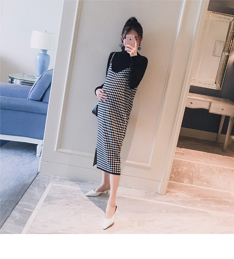 nvxiot 2PCS/Set Black Knitted Maternity Bottoming Shirts Sling Plaid Dress Autumn Korean Fashion For Pregnant Women Pregnancy Clothes