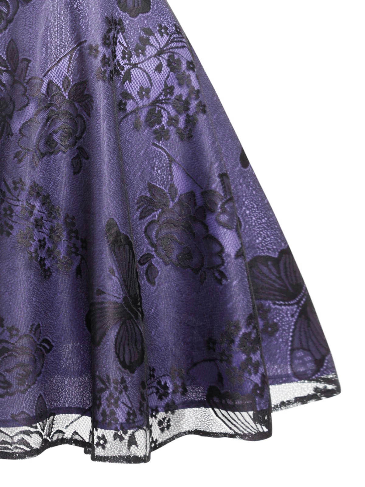 nvxiot Purple 1950s Mesh Floral Swing Dress