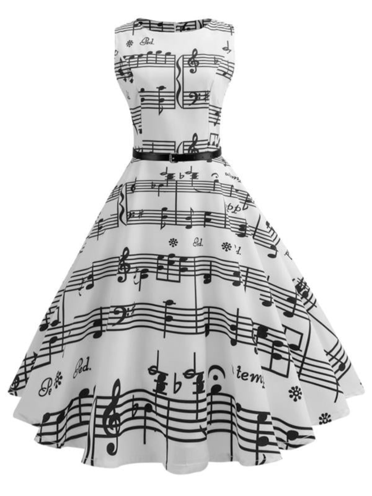 nvxiot White 1950s Music Note Swing Dress