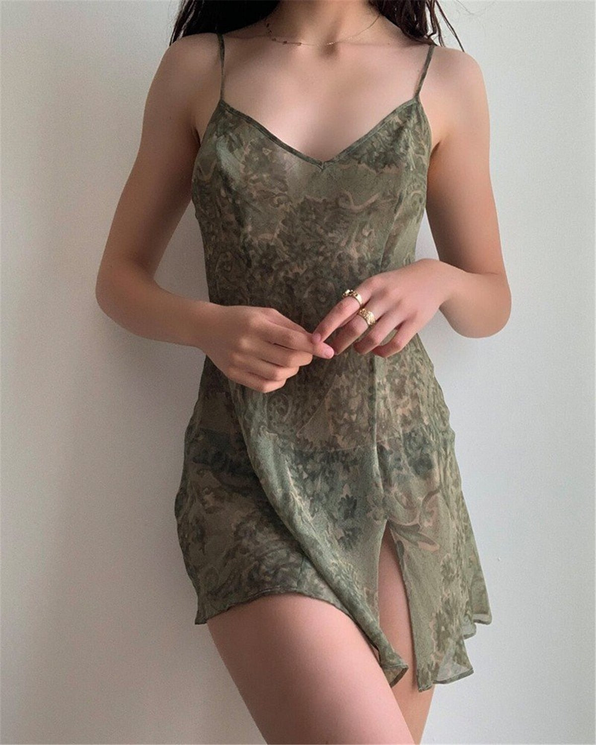 nvxiot Summer Women Fairy Chiffon See-Through Mini Dress  Floral Abstract Print Sleeveless Backless Dress Aesthetic Female Clothes