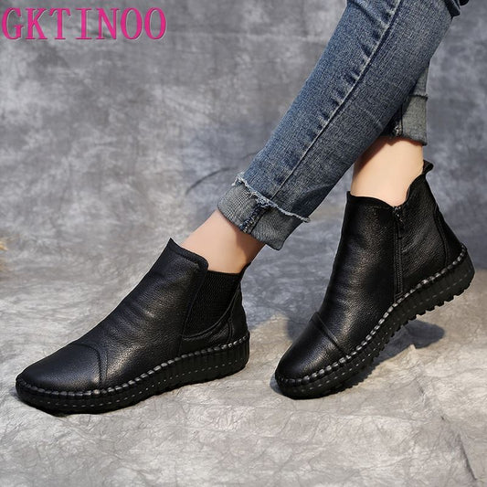 Genuine Leather Shoes Women Boots 2021 Autumn Winter Fashion Handmade Ankle Boots Warm Soft Outdoor Casual Flat Shoes Woman