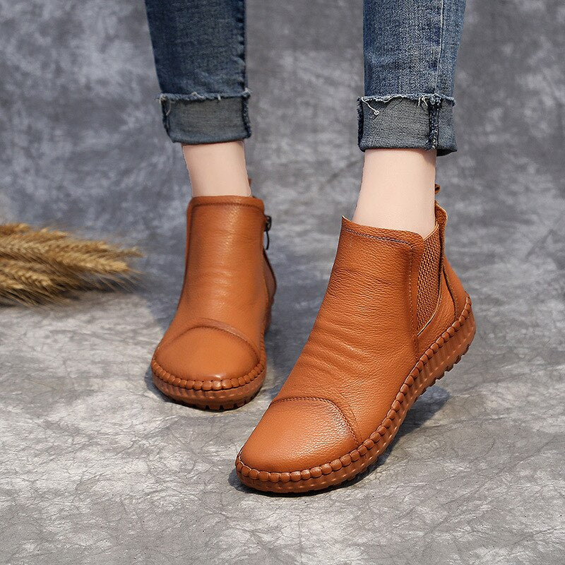 Genuine Leather Shoes Women Boots 2021 Autumn Winter Fashion Handmade Ankle Boots Warm Soft Outdoor Casual Flat Shoes Woman