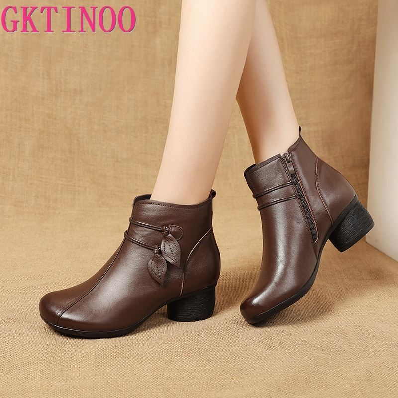 GKTINOO 2021 New Autumn Winter Thick Heel Ankle Boots Women Warm Boots Shoes Handmade Genuine Leather Flowers Zipper Retro Boots