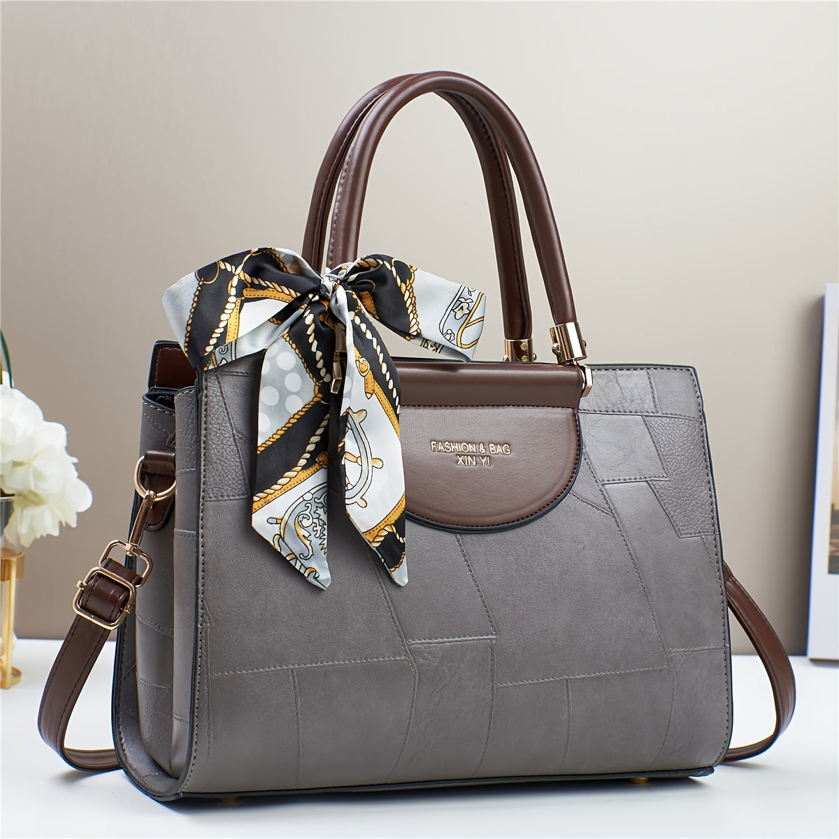 Elegant Plaid Tote Bag for Women with Removable Strap, PU Leather Fashion Shoulder Handbag with Zipper Closure, Polyester Lined Scarf Adorned Commuter Bag from Taizhou Production Area