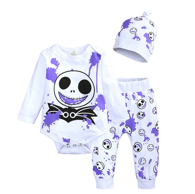 nvxiot New Halloween Baby Boy’s Clothes Sets Stripe Skull Pattern Long Sleeve Jumpsuit Long Pants Hat Toddler Baby 3Pcs Outfits 0-24M