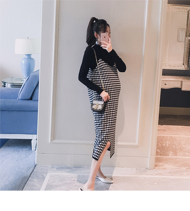 nvxiot 2PCS/Set Black Knitted Maternity Bottoming Shirts Sling Plaid Dress Autumn Korean Fashion For Pregnant Women Pregnancy Clothes