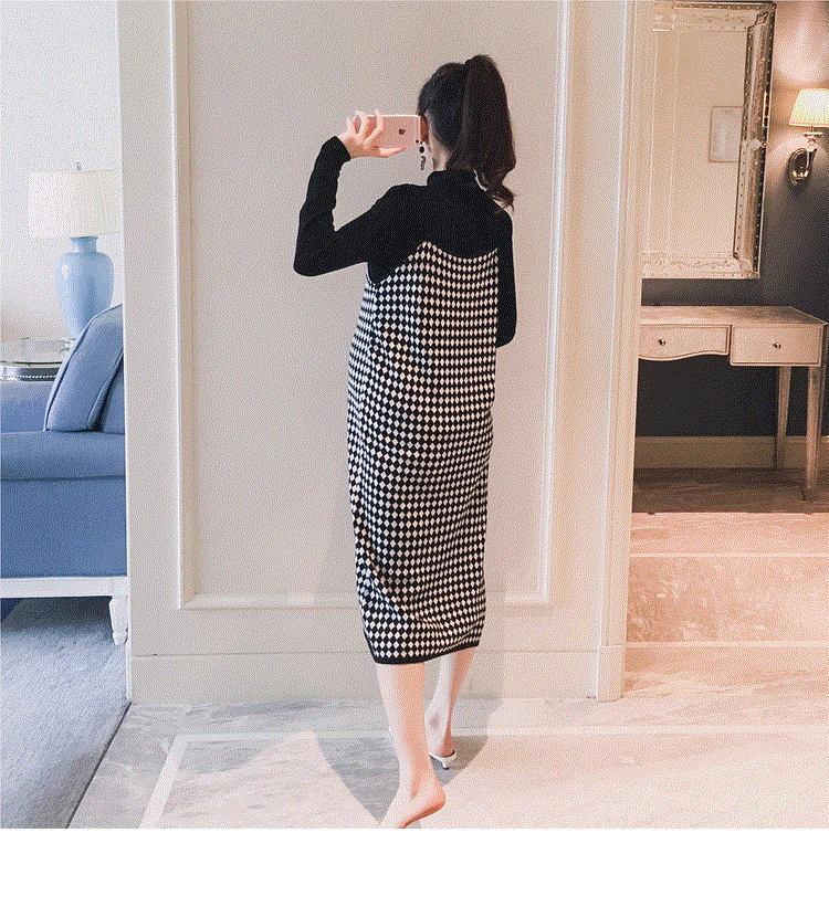 nvxiot 2PCS/Set Black Knitted Maternity Bottoming Shirts Sling Plaid Dress Autumn Korean Fashion For Pregnant Women Pregnancy Clothes