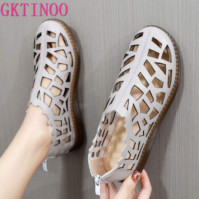 GKTINOO 2021 Summer Genuine Leather Hollow Shoes Woman Sandals Casual Sneakers Flat Soft Sole Comfortable Sandals Large Size