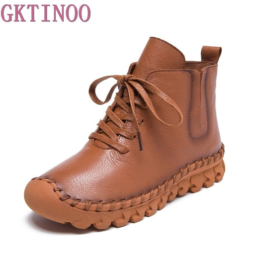 Genuine Leather Shoes Women Boots 2021 Autumn Winter Fashion Handmade Ankle Boots Warm Soft Outdoor Casual Flat Shoes Woman