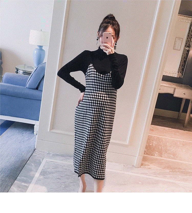 nvxiot 2PCS/Set Black Knitted Maternity Bottoming Shirts Sling Plaid Dress Autumn Korean Fashion For Pregnant Women Pregnancy Clothes