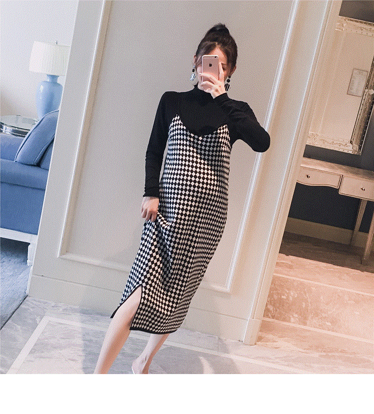 nvxiot 2PCS/Set Black Knitted Maternity Bottoming Shirts Sling Plaid Dress Autumn Korean Fashion For Pregnant Women Pregnancy Clothes