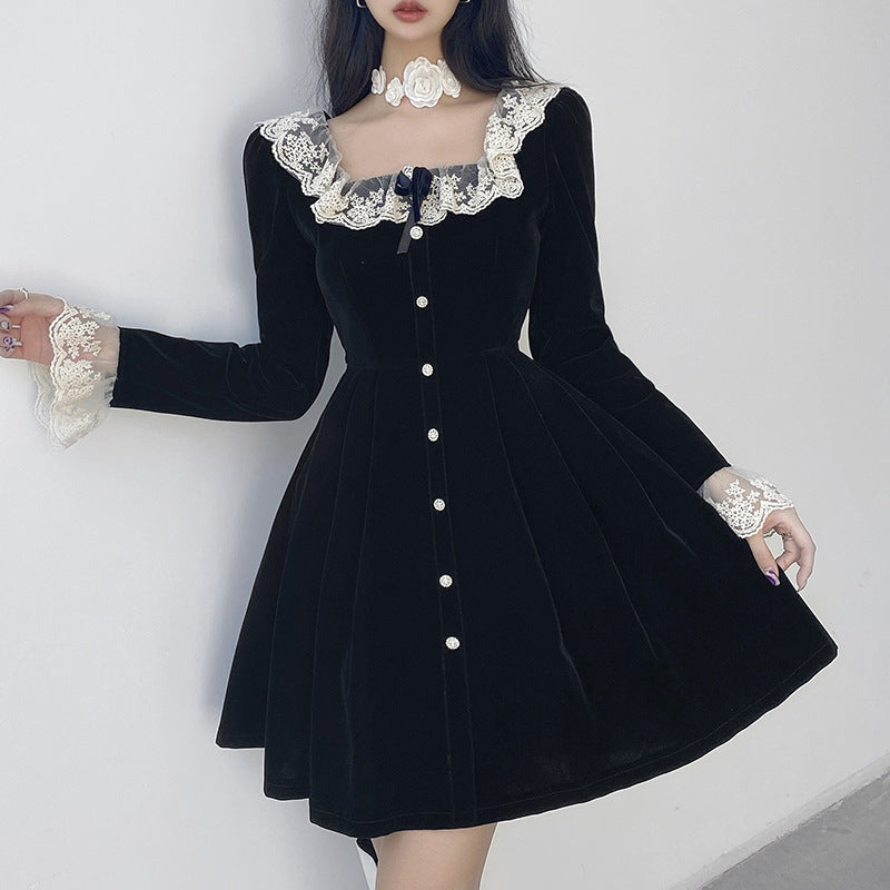 nvxiot-Women Summer Sexy y2k Fairy Dress Casual Loose Dress Elegant Square Neck High Waist Long Sleeve Velvet Dress