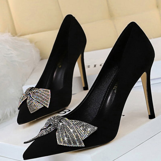 BIGTREE Shoes Bowknot Woman Pumps Rhinestone Women Heels Suede Women Shoes Sexy Party Shoes High Heels Female Shoes Black Heels