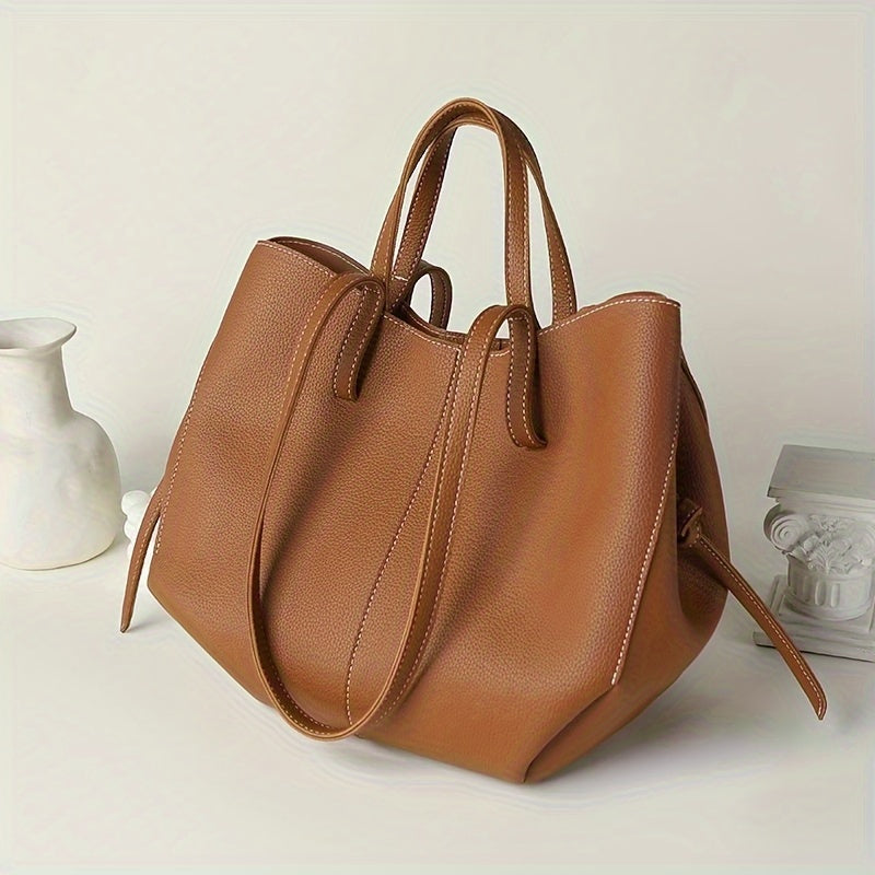 Chic Vintage-Inspired Tote Bag with Bonus Wallet - Magnetic Closure, Fixed Strap, Faux Leather in Light Brown/Cream/Black