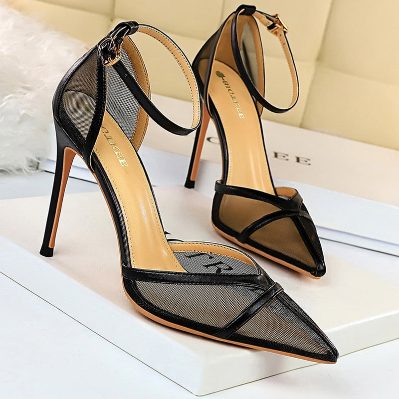 BIGTREE Shoes 2022 Spring Women Pumps High Heels Black Sexy Party Shoes Mesh Hollow Stiletto Heels Sandals Ladies Shoes Size 43