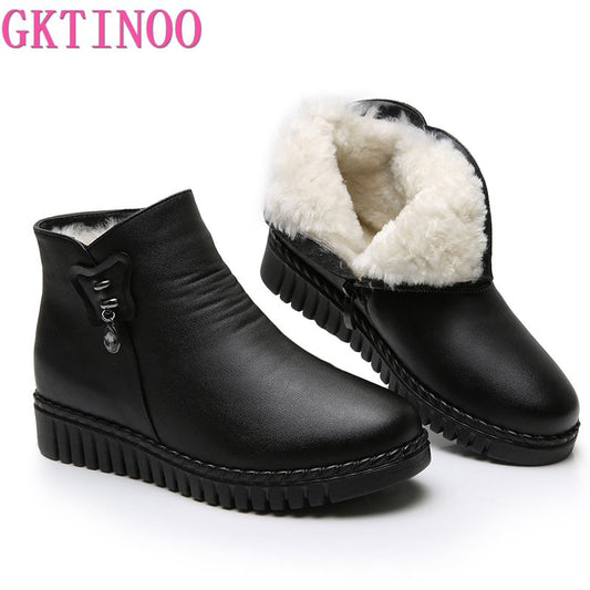 GKTINOO 2021 Women Snow Boots Winter Flat Heels Ankle Boots Women Warm Platform Shoes Leather Thick Fur Booties