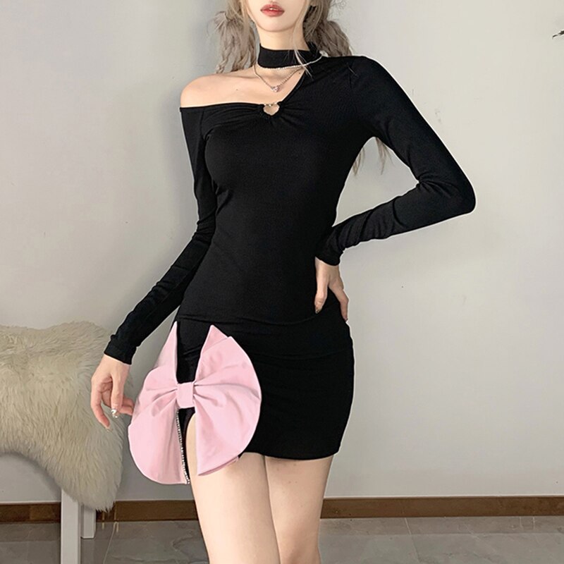 nvxiotCut Out Asymmetrical Neck Bodycon Dress Black Bow Patchwork Cute Sexy Dresses Party Clubwear Long Sleeve Casual Outfit