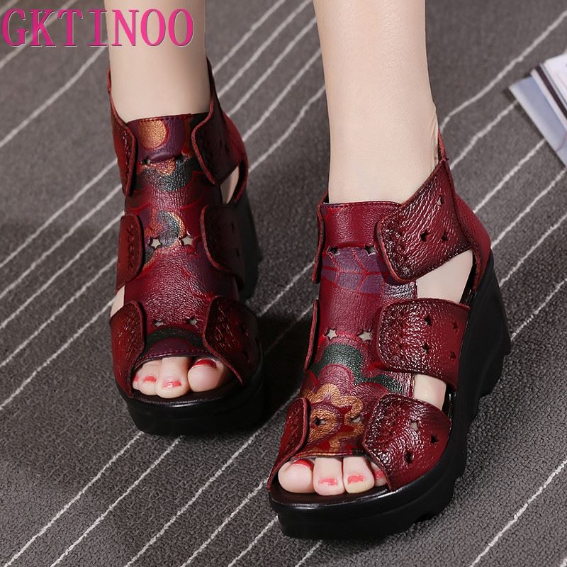 GKTINOO 2021 Ethnic Style Genuine Leather Women Shoes Sandals Wedges Sandals Handmade Genuine Leather Women Sandal