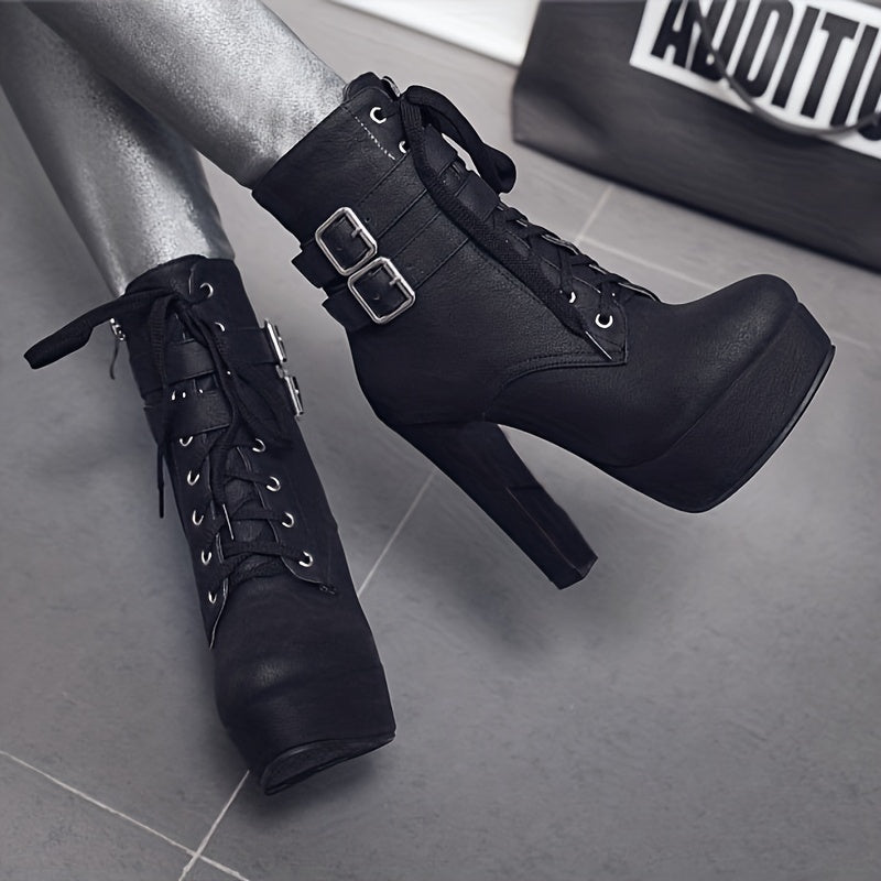 Women's Platform Heeled Boots, Fashion Solid Color Lace Up High Heels, Buckle Strap Block Heeled Ankle Boots