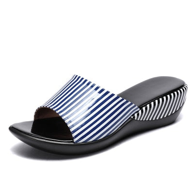 GKTINOO Women Slipper's 2021 Ladies Summer Slippers Shoes Women Wedges Heels Striped Fashion Summer Shoes Geuine Leather