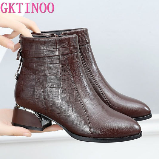 GKTINOO New Ankle Boots Women Pointed Toe Thick Heels Genuine Leather Shoes Short Boots Soft Sole Footwear Plus Size 35-43