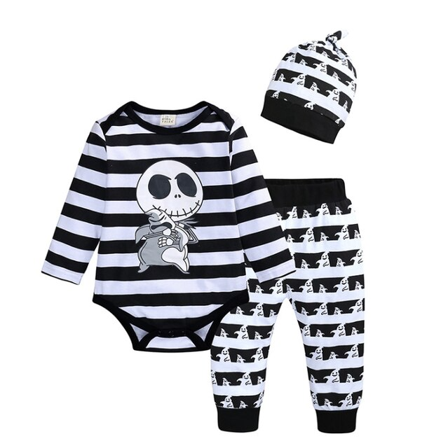 nvxiot New Halloween Baby Boy’s Clothes Sets Stripe Skull Pattern Long Sleeve Jumpsuit Long Pants Hat Toddler Baby 3Pcs Outfits 0-24M