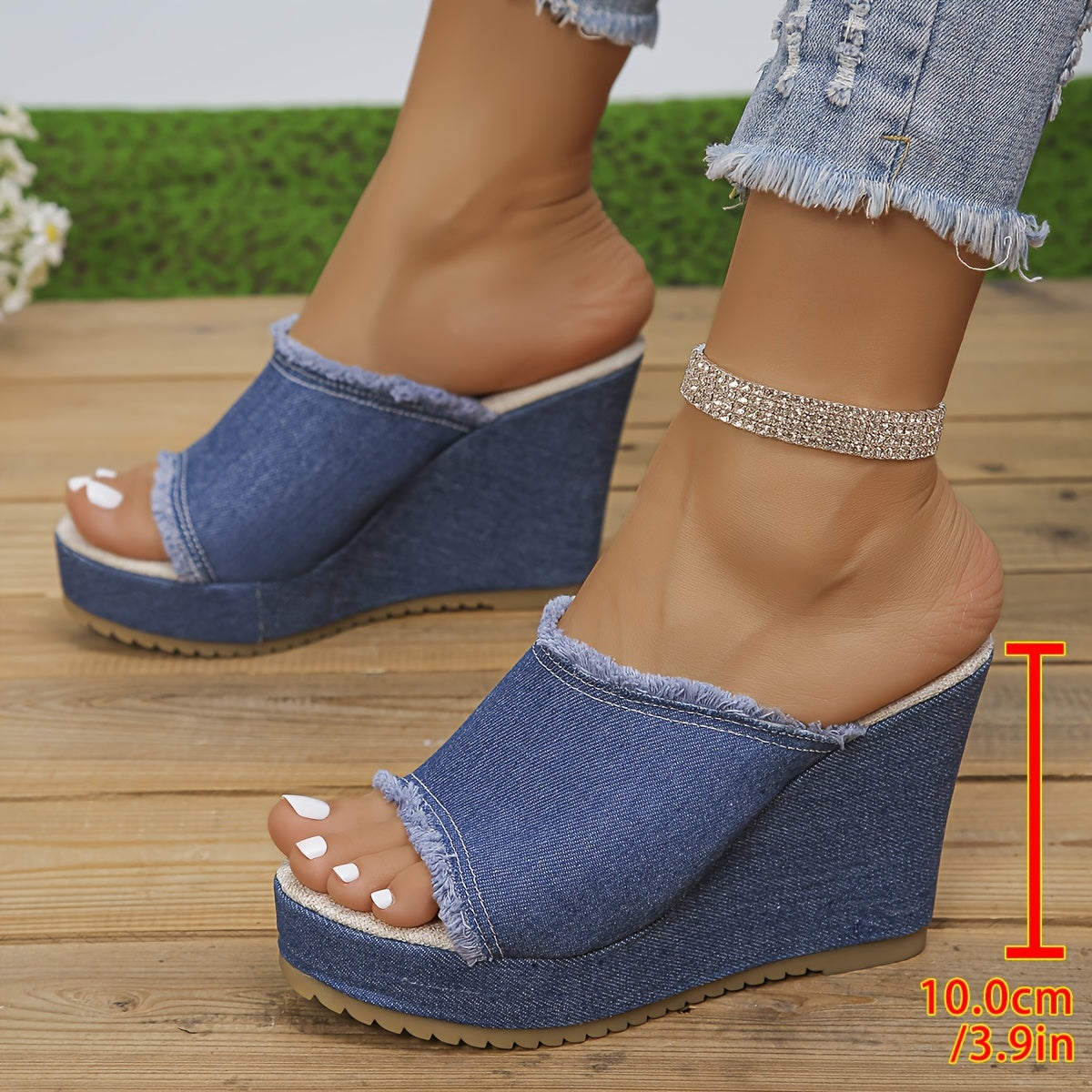 Womens Fashion Denim Platform Wedge Sandals - Stylish Peep Toe, Slip-On High Heels - Comfortable & Elegant for Casual Outings