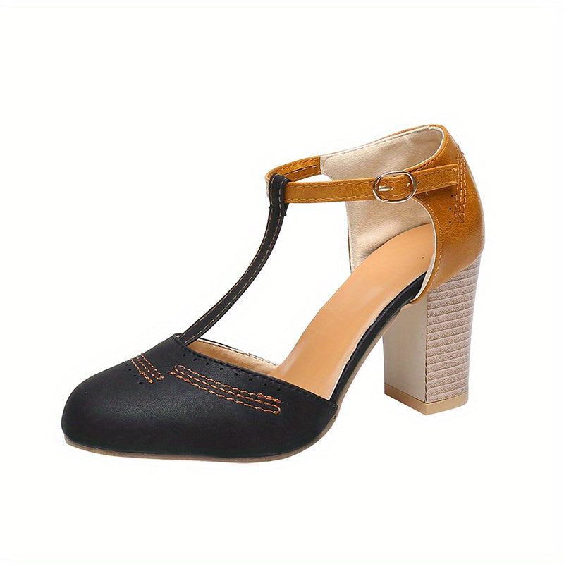 Women's Retro High Heels, Color Block T-strap Round Toe Block Heels, Casual & Versatile Oktoberfest Dress Shoes